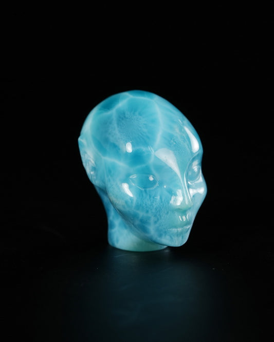 1.4" Larimar Hand Carved Gem Elf, Skullis Realistic - 9900532