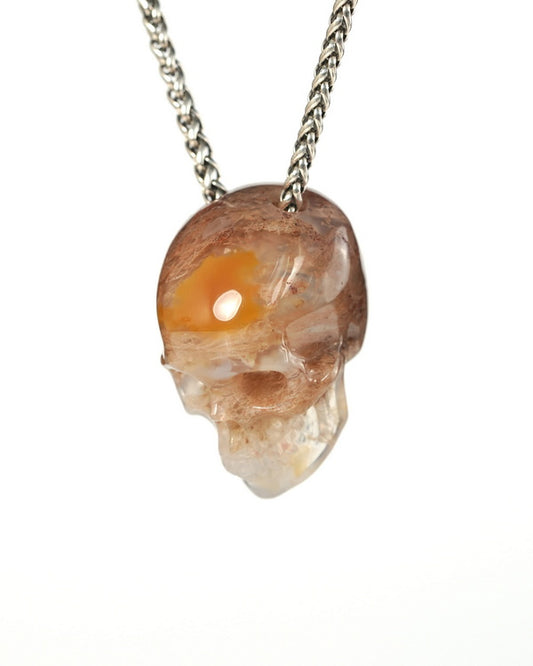 Hollow Essence - Gem Skull Pendant Necklace of Moss Agate Hand Carved Hollow Skull - 9900535