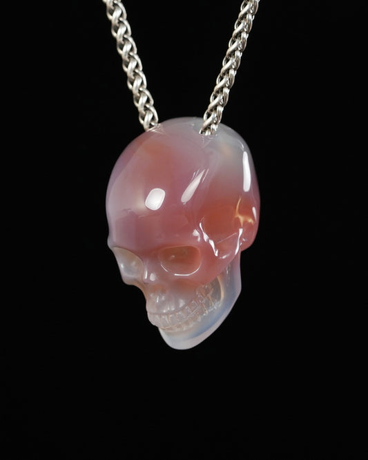Hollow Essence - Gem Skull Pendant Necklace of Mozambique Agate Hand Carved Hollow Skull - 9900536