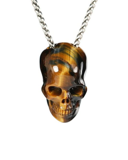 Hollow Essence - Gem Skull Pendant Necklace of Blue & Gold Tiger's Eye Hand Carved Hollow Skull - 9900542