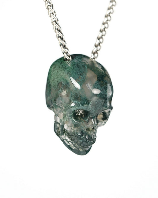 Hollow Essence - Gem Skull Pendant Necklace of Green Moss Agate Hand Carved Hollow Skull - 9900543