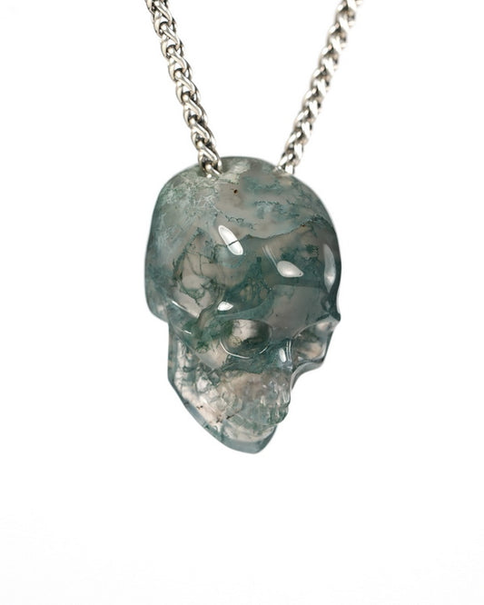Hollow Essence - Gem Skull Pendant Necklace of Green Moss Agate Hand Carved Hollow Skull - 9900544