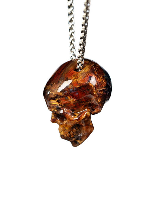 Hollow Essence - Gem Skull Pendant Necklace of Pietersite Hand Carved Hollow Skull - 9900545