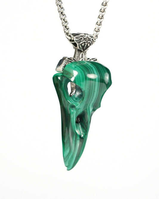 Raven Skull Hidden Sword - Gem Raven Skull Pendant Necklace of Malachite Carved Raven Skull with Silver Sword Necklace- 9900548