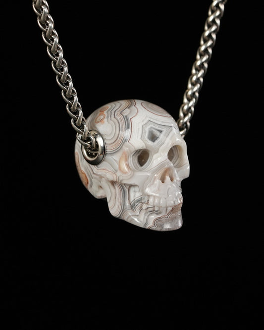 Skullis Signature Red Crazy Lace Agate Gem Skull Pendant or Necklace, Hand Carved, for Women & Men - 9900553