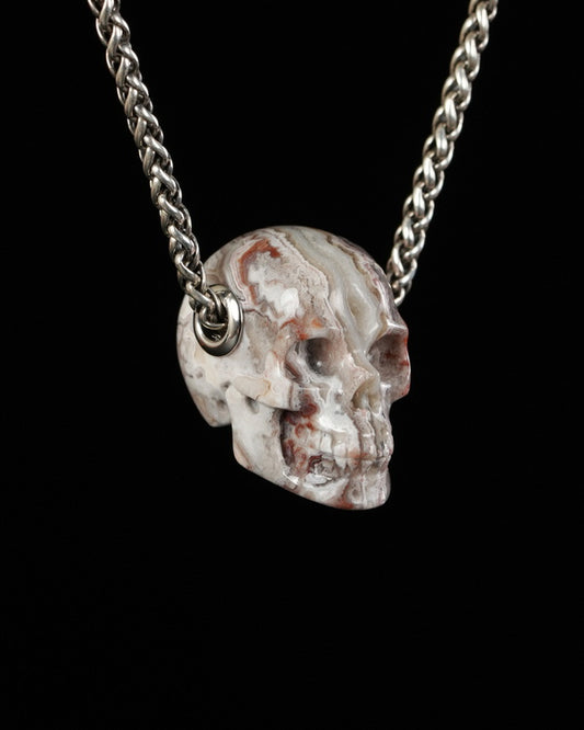 Skullis Signature Red Crazy Lace Agate Gem Skull Pendant or Necklace, Hand Carved, for Women & Men - 9900554