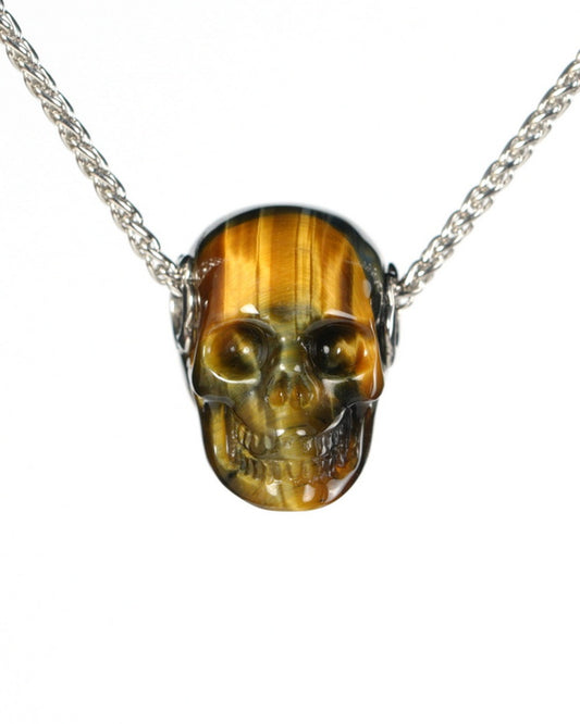 Skullis Signature Blue & Gold Tiger's Eye Gem Skull Pendant or Necklace, Hand Carved, for Women & Men - 9900556