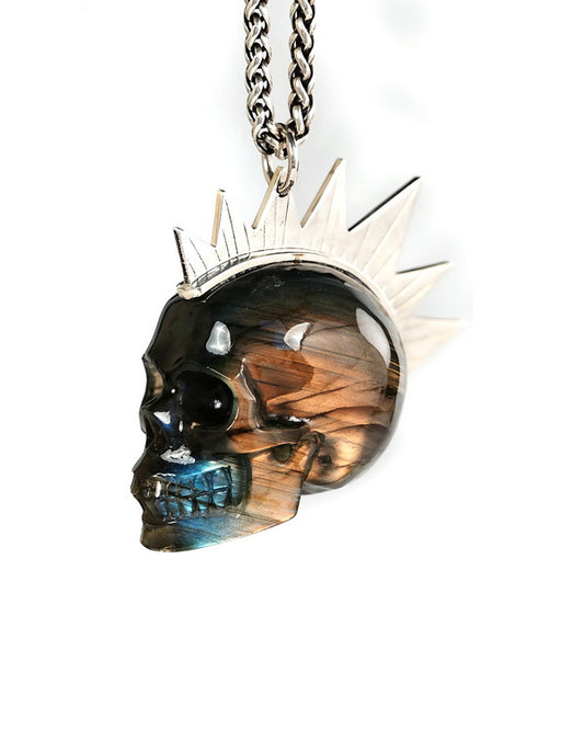 Gem Skull Pendant Necklace of Labradorite Crystal Carved Skull with Punk Hair in Sterling Silver - 9900558