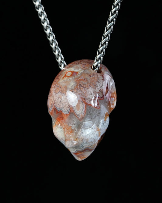 Hollow Essence - Gem Skull Pendant Necklace of Red Crazy Lace Agate Hand Carved Hollow Elf - 9900596