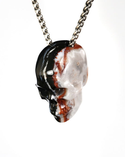 Hollow Essence - Gem Skull Pendant Necklace of Black Zebra Agate Hand Carved Hollow Skull - 9900597