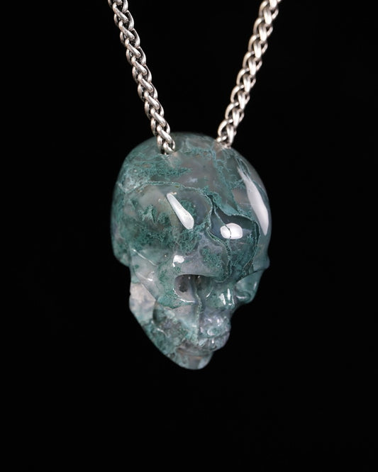 Hollow Essence - Gem Skull Pendant Necklace of Green Moss Agate Hand Carved Hollow Skull - 9900598
