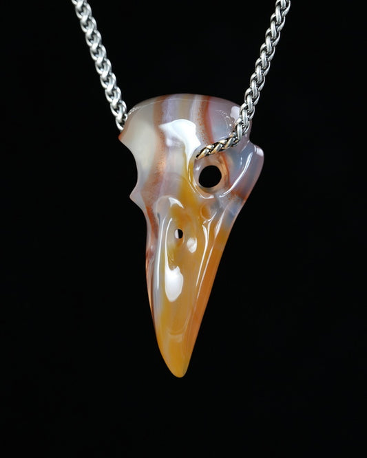 Night Pathfinder - Gem Raven Skull Pendant Necklace of Agate Carved Raven Skull - 9900599