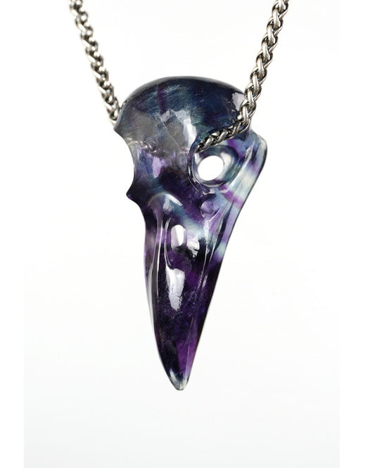 Night Pathfinder - Gem Raven Skull Pendant Necklace of Fluorite Carved Raven Skull - 9900600