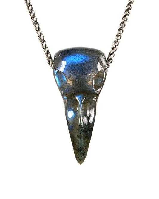 Night Pathfinder - Gem Raven Skull Pendant Necklace of Labradorite Carved Raven Skull - 9900601