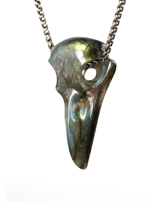 Night Pathfinder - Gem Raven Skull Pendant Necklace of Labradorite Carved Raven Skull - 9900602
