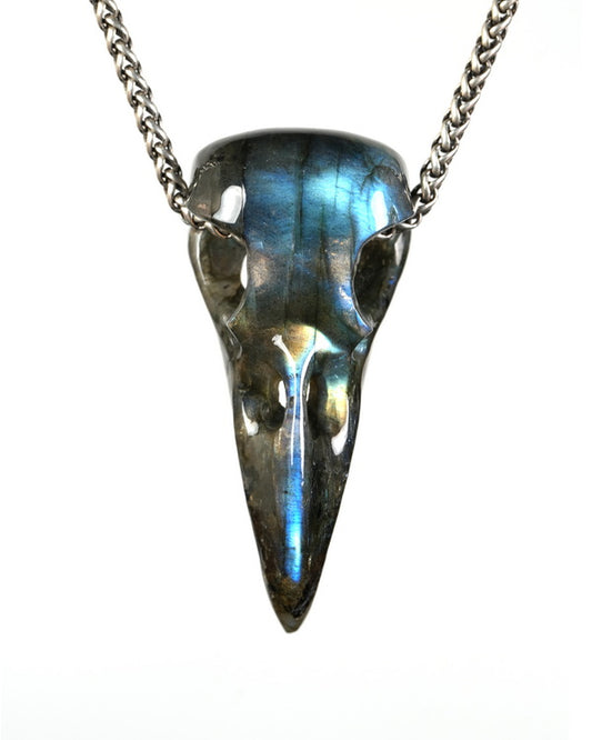 Night Pathfinder - Gem Raven Skull Pendant Necklace of Labradorite Carved Raven Skull - 9900603