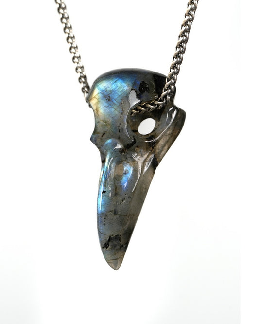 Night Pathfinder - Gem Raven Skull Pendant Necklace of Labradorite Carved Raven Skull - 9900604