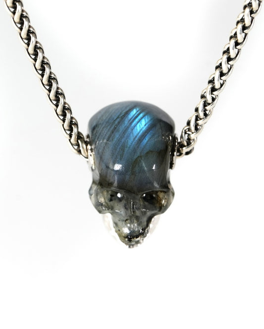 Gem Skull Pendant Necklace of Labradorite Hand Carved Skull with Movable Jaw in 925 Sterling Silver - 9900607