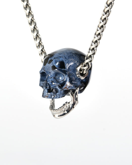 Gem Skull Pendant Necklace of Pietersite Hand Carved Skull with Movable Jaw in 925 Sterling Silver - 9900608