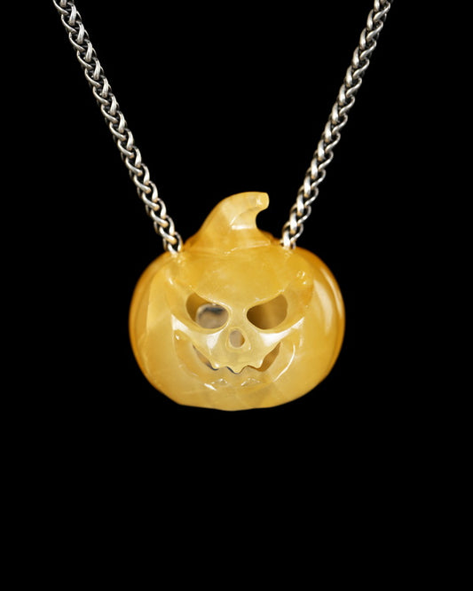 Hollow Essence - Gem Pendant Necklace of Beeswax Jade Hand Carved Hollow Pumpkin - 9900614