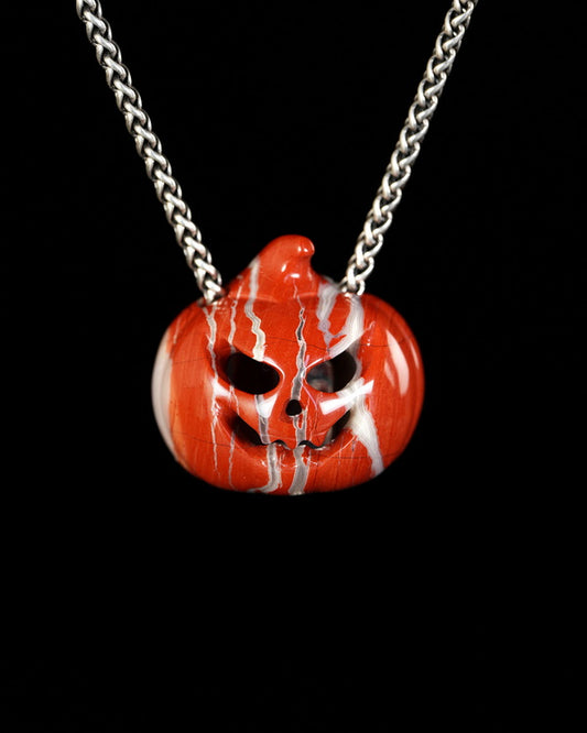 Hollow Essence - Gem Pendant Necklace of Red Jasper Hand Carved Hollow Pumpkin - 9900615