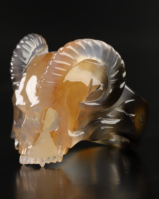 Gem Skull Ring of Premium Brazilian Agate Carved Beast Skull, US size 8 - 00001611
