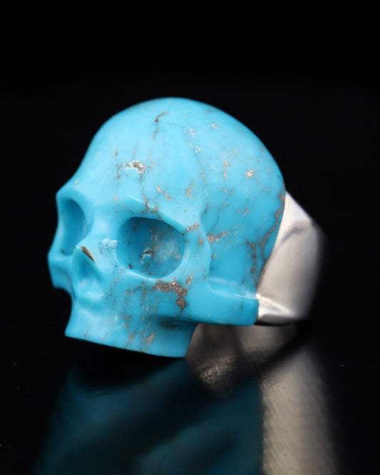 Skullis Signature Turquoise Gem Skull Ring, Hand Carved, Sterling Silver, for Women & Men - 0502784