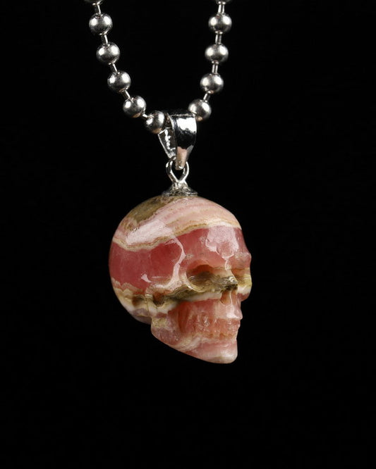 Gem Skull Pendant Necklace of Rhodochrosite Carved Skull with Silver Bail in Sterling Silver