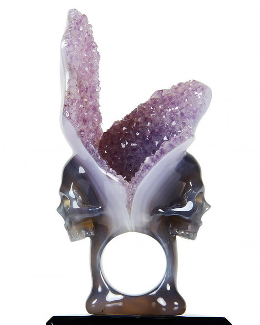 Whole Gem Skull Ring, Agate Amethyst Druse Carved Totally, US size 10.5