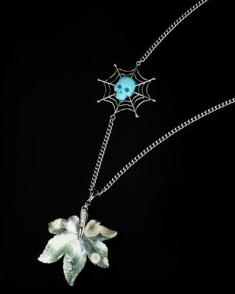 Gem Skull Pendant Necklace of Turquoise Carved Skull with Ocean Jasper Leaf & Sterling Silver Chain - 0812947