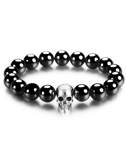 Gem Skull Bracelet of Sterling Silver Carved Skull with Black Obsidian Beaded