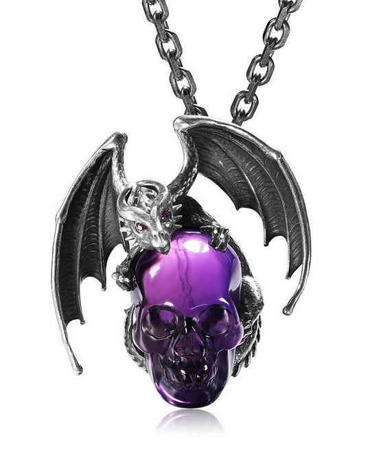 Gem Skull Pendant Necklace of Amethyst Carved Skull with Ruby-Eye Dragon in Blackened Sterling Silver