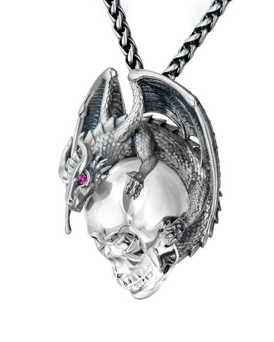 Gem Skull Pendant Necklace of Quartz Rock Crystal Carved Skull with Dragon in Blackened Sterling Silver