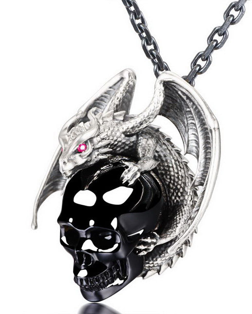 Gem Skull Pendant Necklace of Black Obsidian Carved Skull with Ruby-Eye Dragon in Blackened Sterling Silver