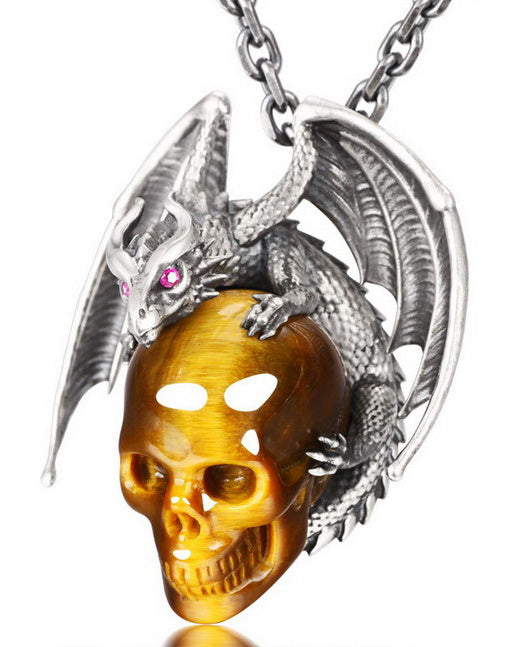 Gem Skull Pendant Necklace of Gold Tiger's Eye Carved Skull with Ruby-Eye Dragon in 925 Sterling Silver