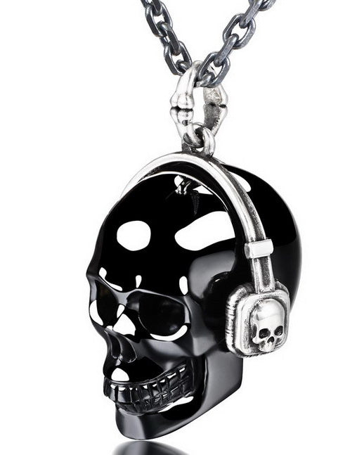 Gem Skull Pendant Necklace of Black Obsidian Crystal Skull with Headphone in 925 Sterling Silver.