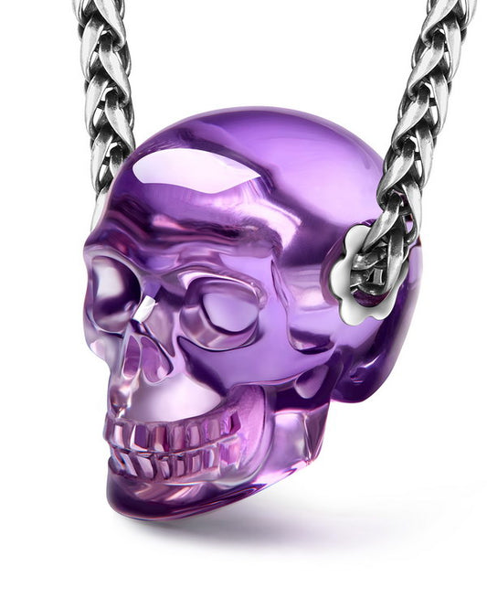 Skullis Signature Amethyst Gem Skull Pendant or Necklace, Hand Carved, Sterling Silver 925 Chain, for Women & Men