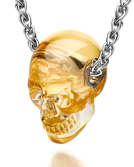 Gem Skull Pendant Necklace of Citrine Crystal Carved Skull