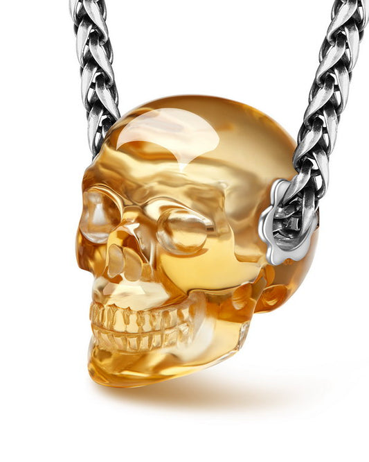 Skullis Signature Citrine Gem Skull Pendant or Necklace, Hand Carved, Sterling Silver 925 Chain, for Women & Men