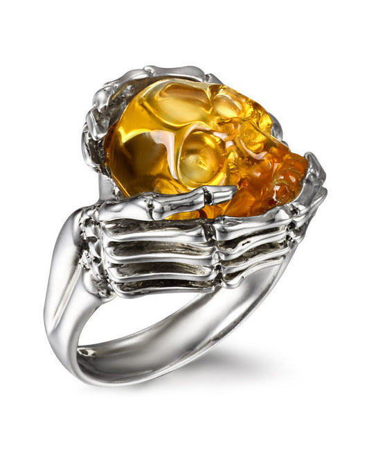 Gem Skull Ring of Citrine Carved Skull with Silver Skeletal Hands in 925 Sterling Silver