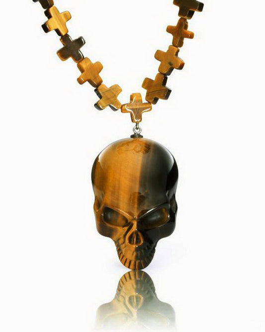 Gem Skull Pendant Necklace of Gold Tiger Eye Carved Skull with Cross Chain