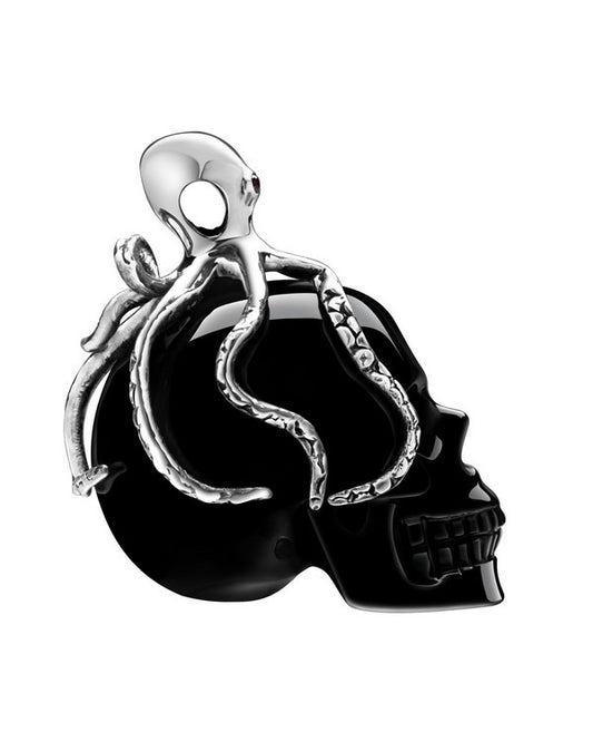 Gem Skull Pendant Necklace of Black Obsidian Carved Skull with Ruby Eyes Octopus in 925 Sterling Silver