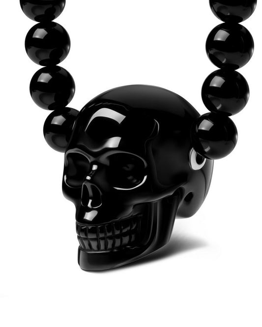 Gem Skull Pendant Necklace of Black Obsidian Carved Skull and Beads