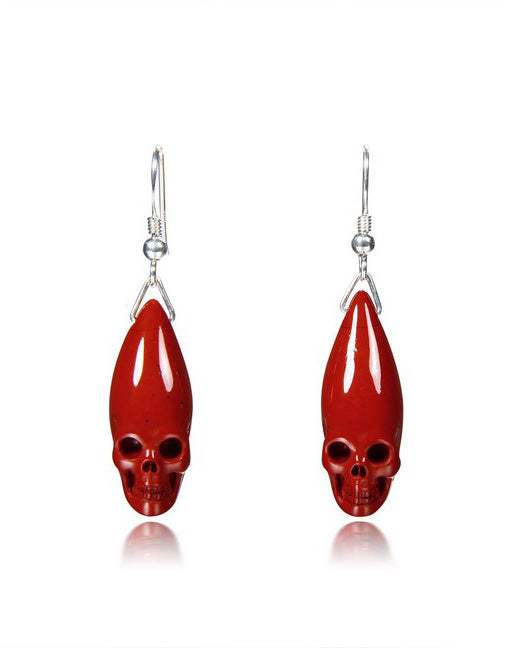 Gem Skull  Earrings of Red Jasper Carved Skull in 925 Sterling Silver