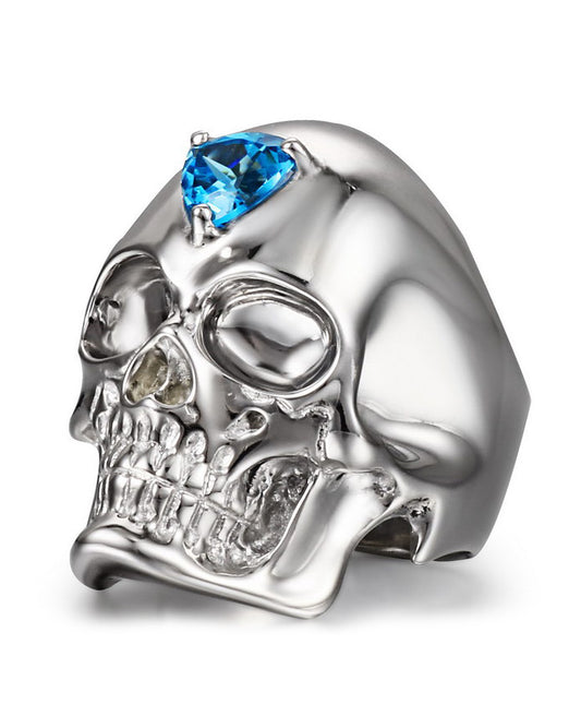 Skull Ring of Rhodium Plated 925 Sterling Silver with Sky Blue Topaz