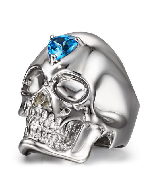 Gem Skull Ring of Rhodium Plated 925 Sterling Silver Carved Skull with Sky Blue Topaz Eye