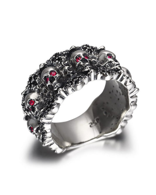 Eyes of Five Elements - 925 Sterling Silver Carved Skulls Ring with Ruby Eyes