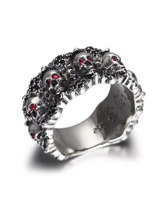 Gem Skull Eyes of Five Elements Ring Carved Skull with Ruby Eyes in 925 Sterling Silver