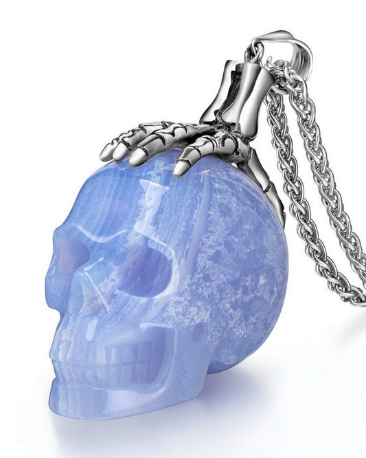 Gem Skull Pendant Necklace of Blue Lace Agate Carved Skull with Skeleton Hand in 925 Sterling Silver