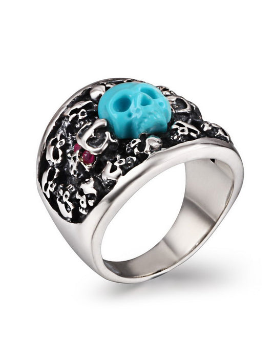 Gem Skull Ring of Turquoise Carved Skull in 925 Sterling Silver